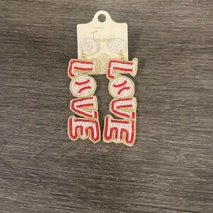 New Boutique Red & White Seed Bead Love Baseball Earrings